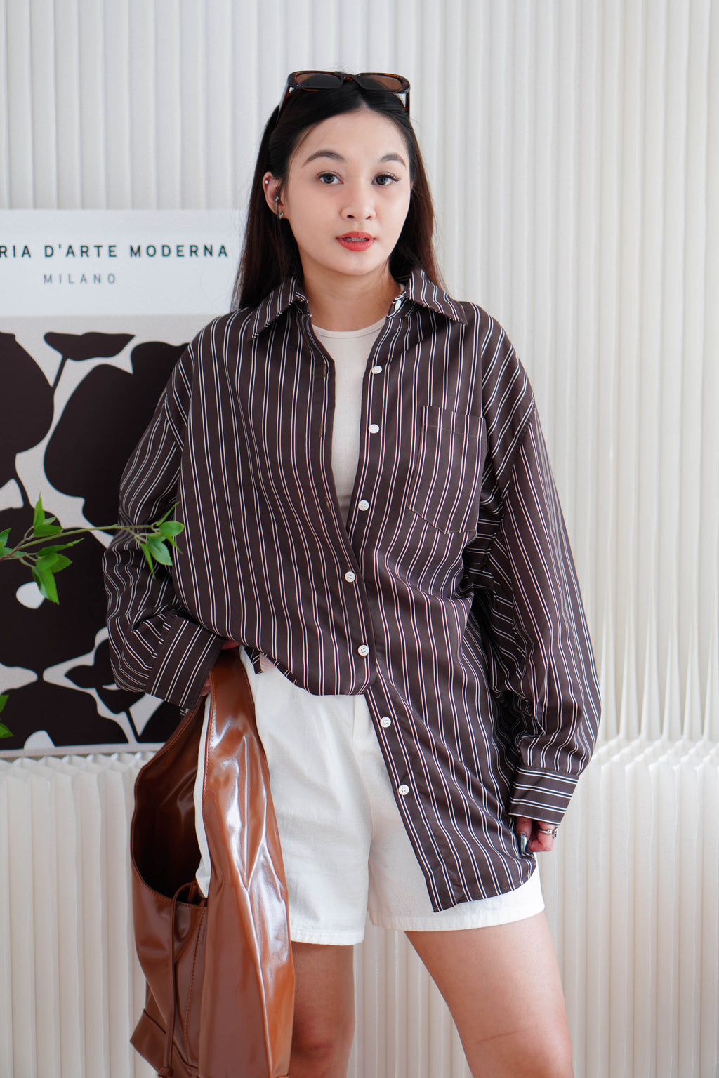 Klein Oversized Stripes Button Down Long Sleeve Top in Brown