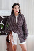 Klein Oversized Stripes Button Down Long Sleeve Top in Brown