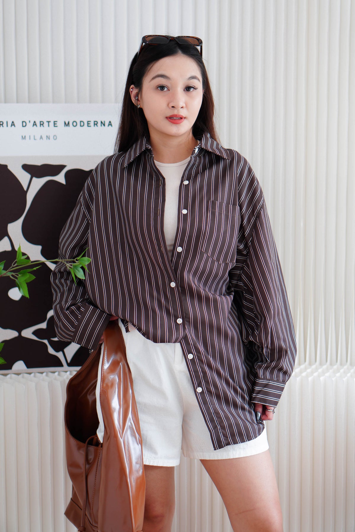 Klein Oversized Stripes Button Down Long Sleeve Top in Brown
