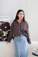 Klein Oversized Stripes Button Down Long Sleeve Top in Brown
