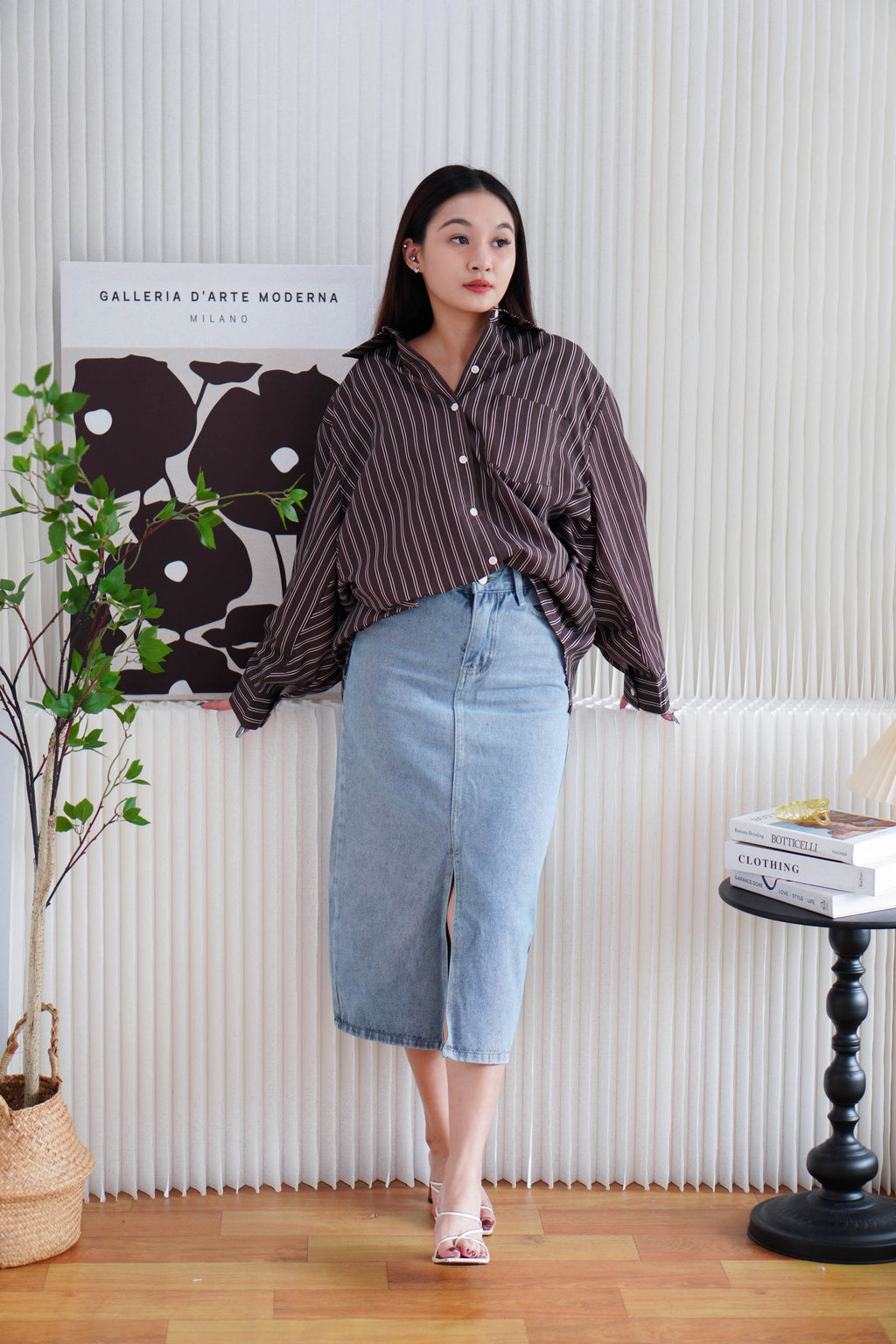Klein Oversized Stripes Button Down Long Sleeve Top in Brown