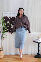 Klein Oversized Stripes Button Down Long Sleeve Top in Brown