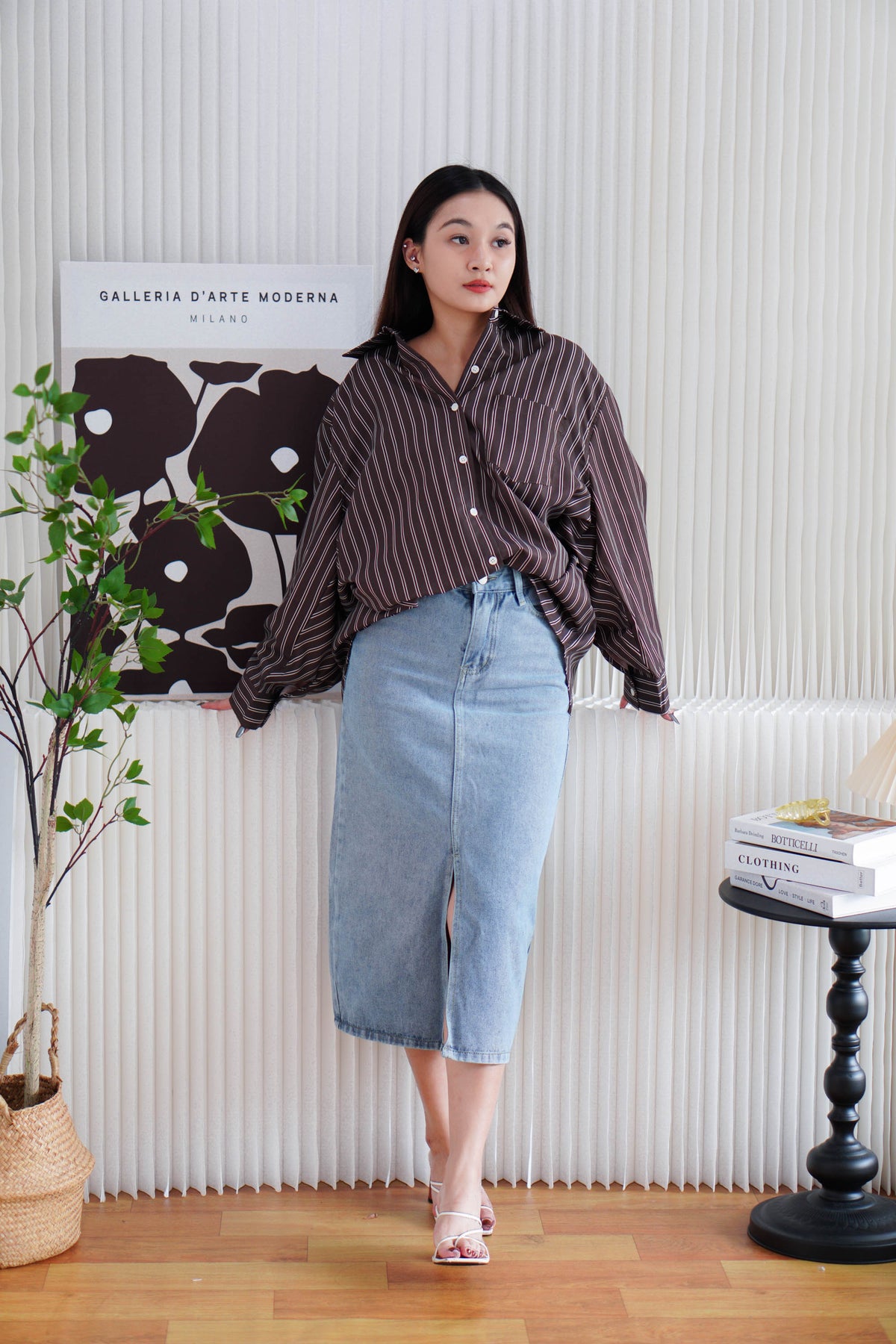 Klein Oversized Stripes Button Down Long Sleeve Top in Brown