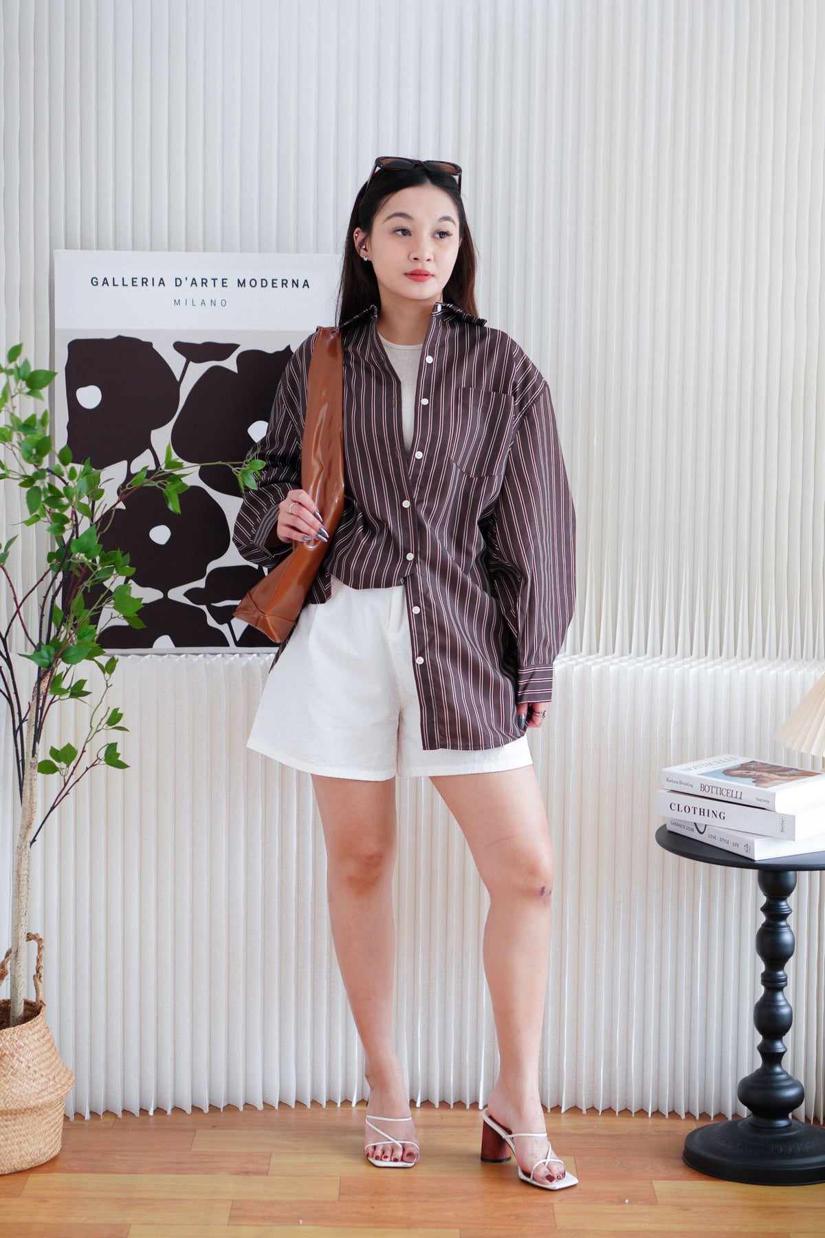 Klein Oversized Stripes Button Down Long Sleeve Top in Brown