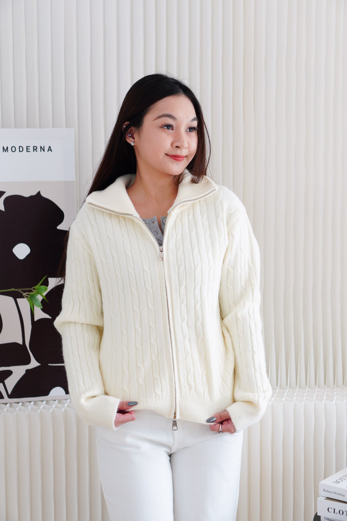 Quincy Knit Zipper Sweater in Cream