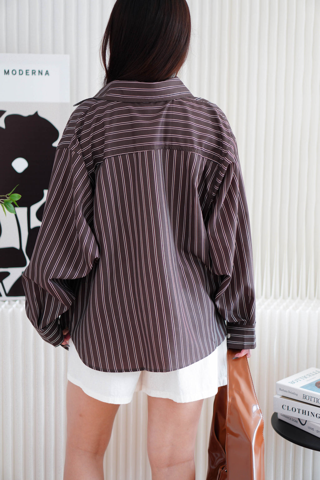 Klein Oversized Stripes Button Down Long Sleeve Top in Brown