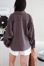 Klein Oversized Stripes Button Down Long Sleeve Top in Brown