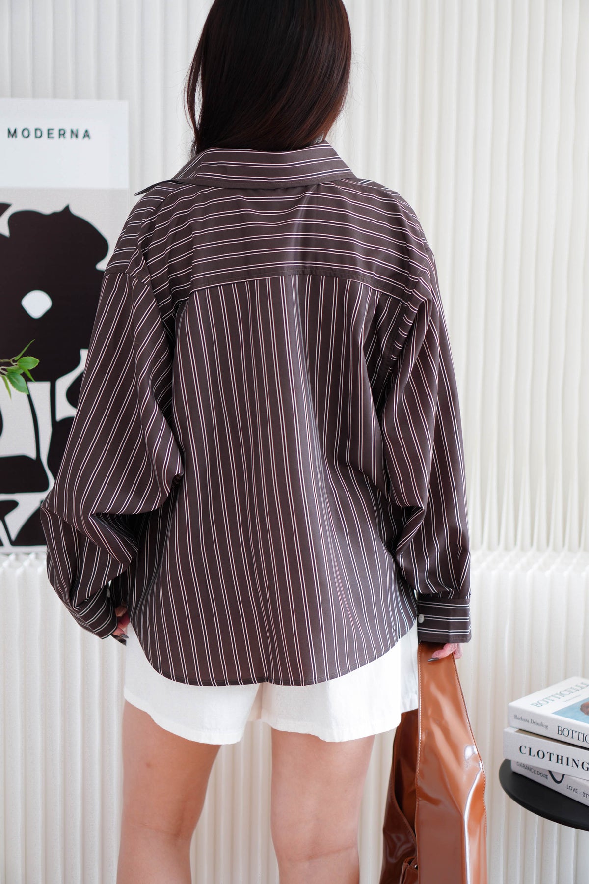 Klein Oversized Stripes Button Down Long Sleeve Top in Brown