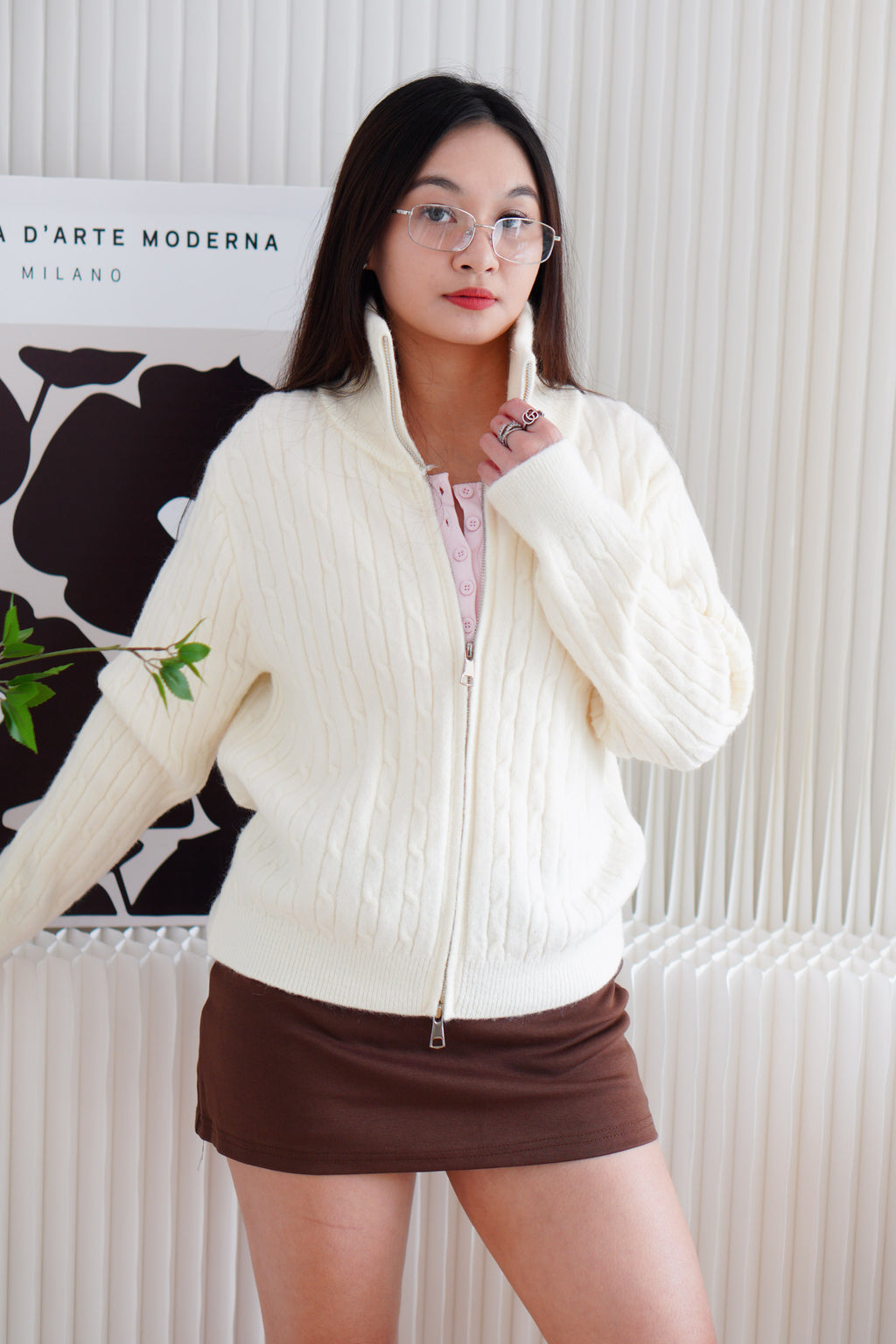 Quincy Knit Zipper Sweater in Cream