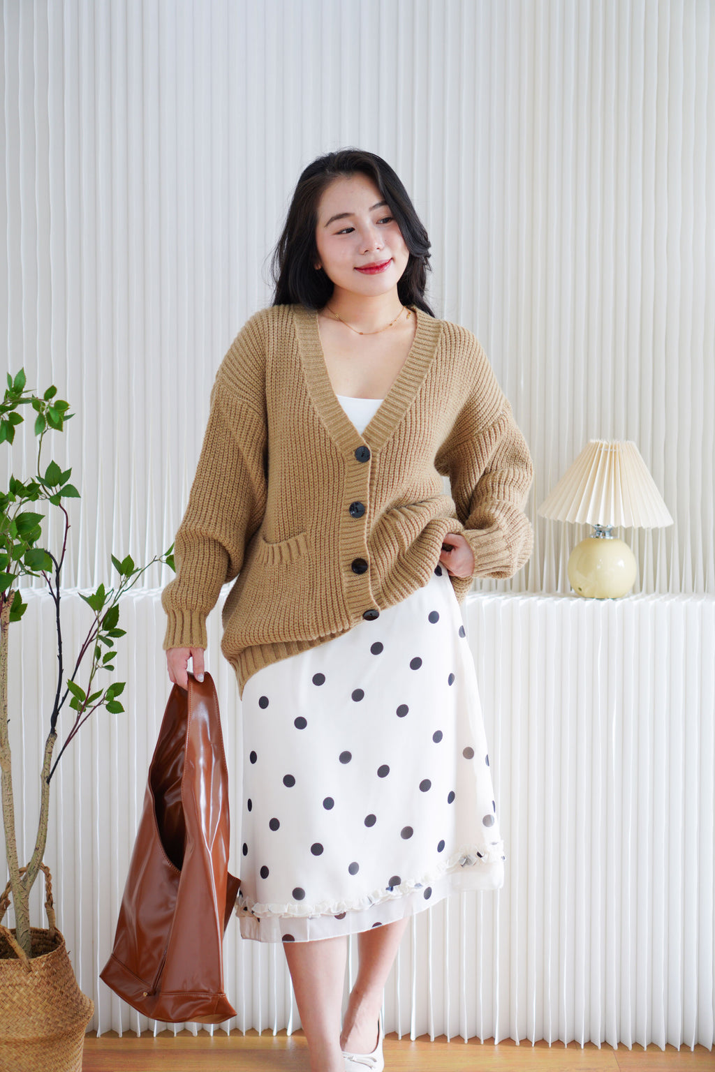 Lane Oversized Knit Cardigan in Brown with Black Buttons