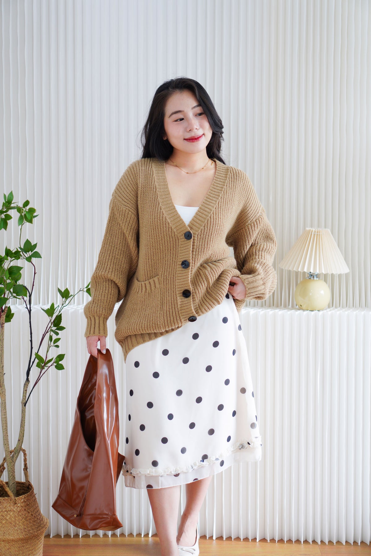 Lane Oversized Knit Cardigan in Brown with Black Buttons