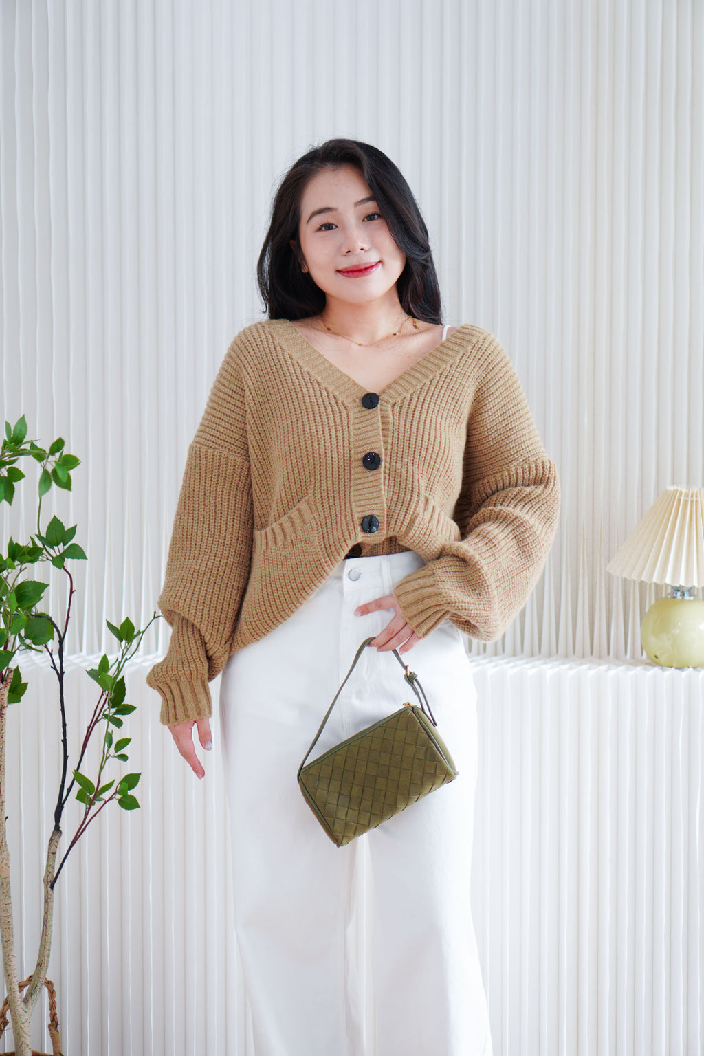 Lane Oversized Knit Cardigan in Brown with Black Buttons