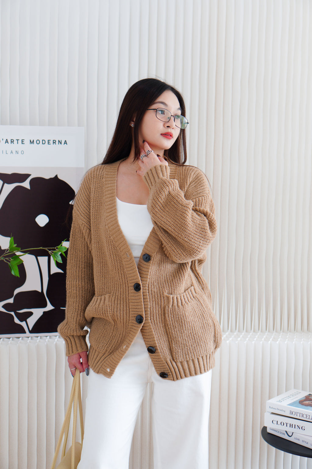 Lane Oversized Knit Cardigan in Brown with Black Buttons