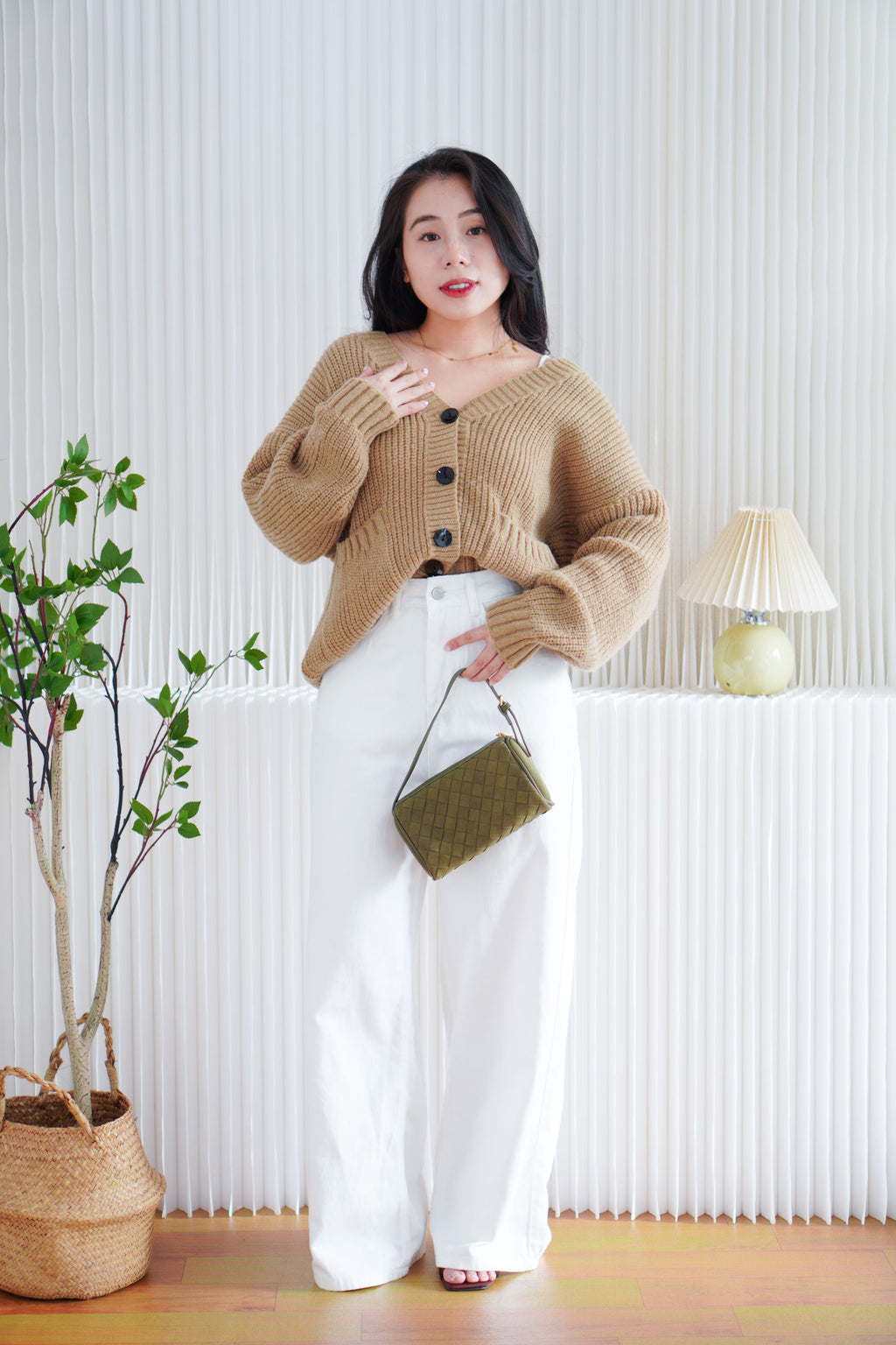 Lane Oversized Knit Cardigan in Brown with Black Buttons