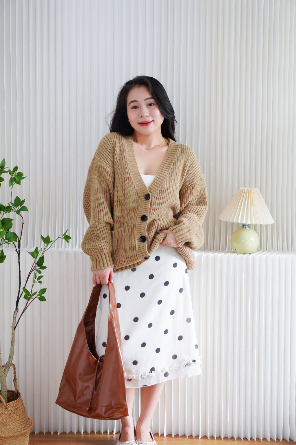Lane Oversized Knit Cardigan in Brown with Black Buttons