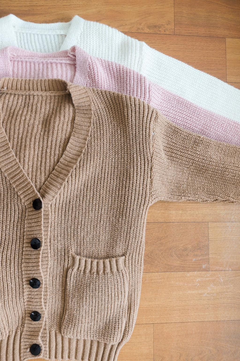 Lane Oversized Knit Cardigan in Brown with Black Buttons