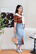Embi Collar Stripes Short Sleeve Top in Brown