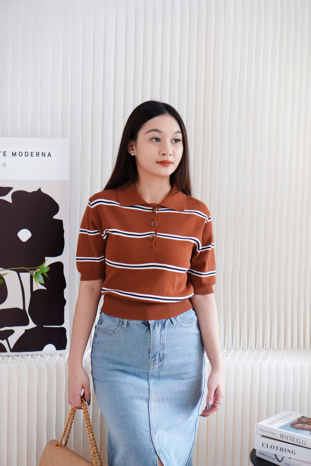 Embi Collar Stripes Short Sleeve Top in Brown