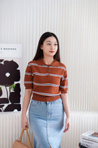 Embi Collar Stripes Short Sleeve Top in Brown