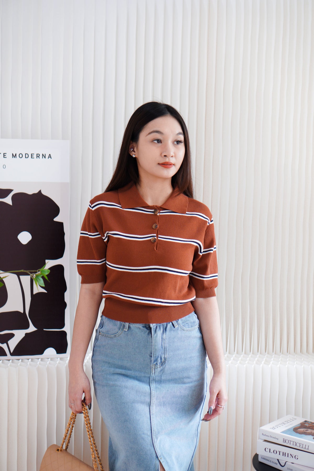 Embi Collar Stripes Short Sleeve Top in Brown