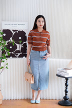 Embi Collar Stripes Short Sleeve Top in Brown