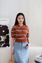 Embi Collar Stripes Short Sleeve Top in Brown