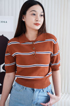 Embi Collar Stripes Short Sleeve Top in Brown