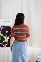 Embi Collar Stripes Short Sleeve Top in Brown