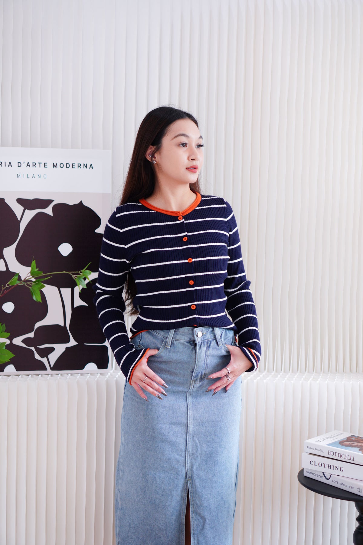 Naver Stripes Button Down Long Sleeve Top in Dark Blue