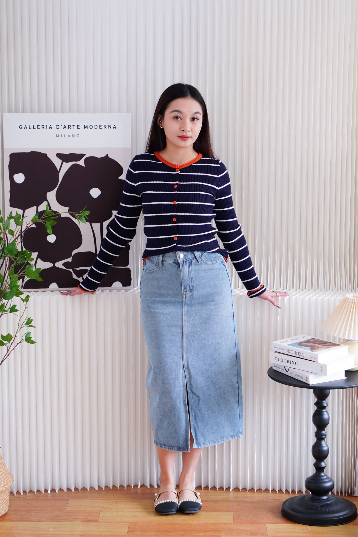 Naver Stripes Button Down Long Sleeve Top in Dark Blue
