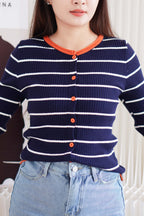 Naver Stripes Button Down Long Sleeve Top in Dark Blue