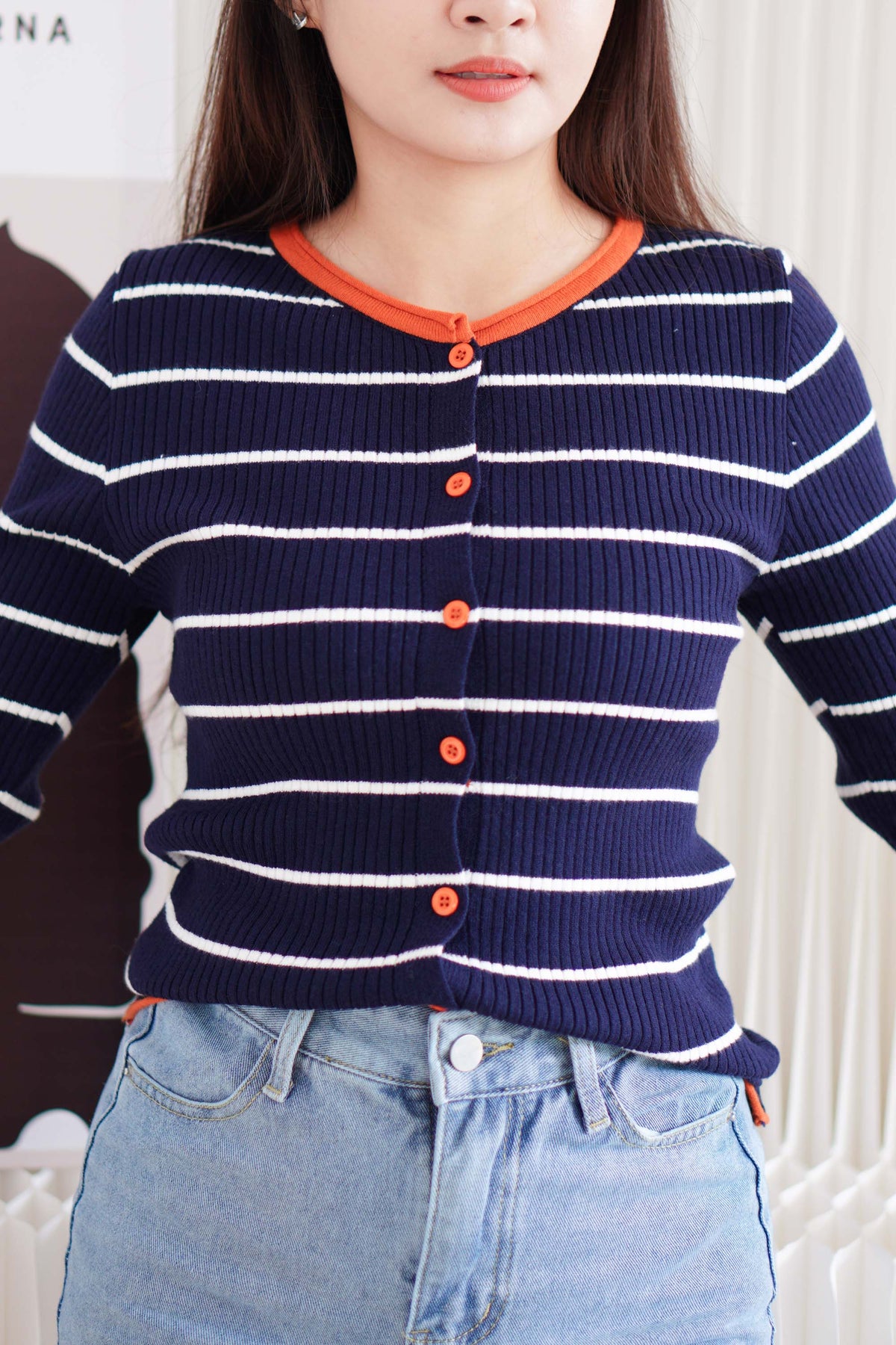 Naver Stripes Button Down Long Sleeve Top in Dark Blue