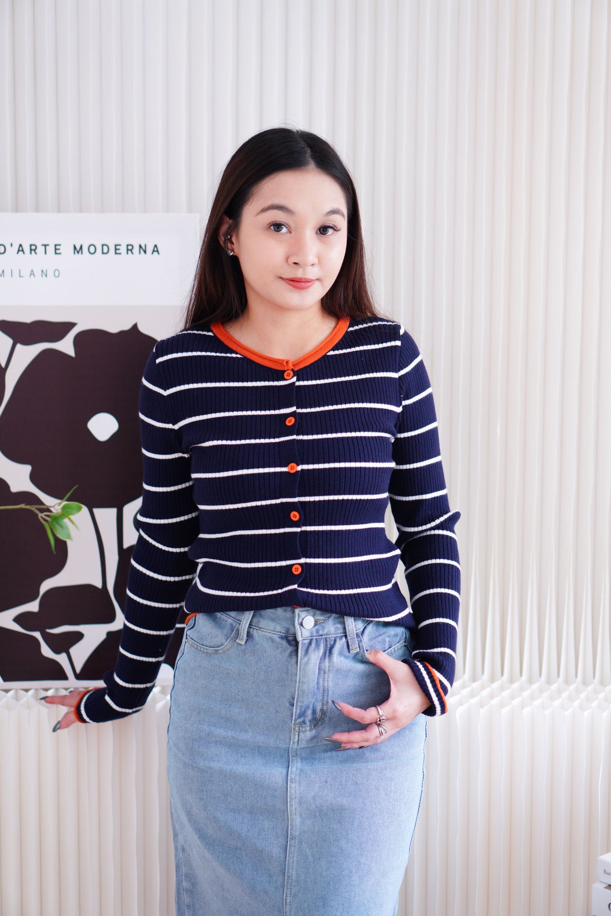 Naver Stripes Button Down Long Sleeve Top in Dark Blue