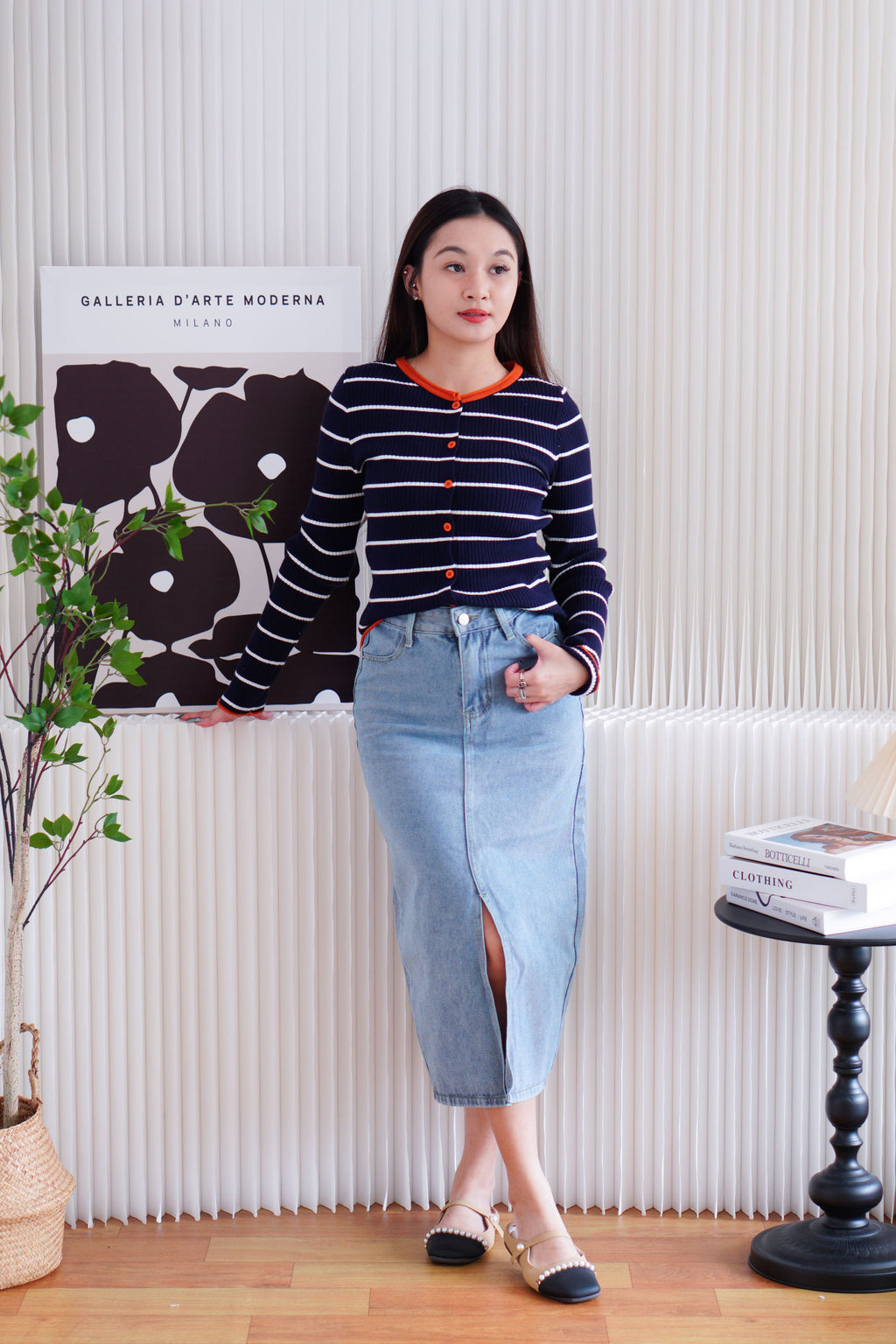 Naver Stripes Button Down Long Sleeve Top in Dark Blue