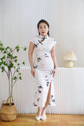 Ru Yuan Floral Maxi Cheongsam in Cream and Black Lining