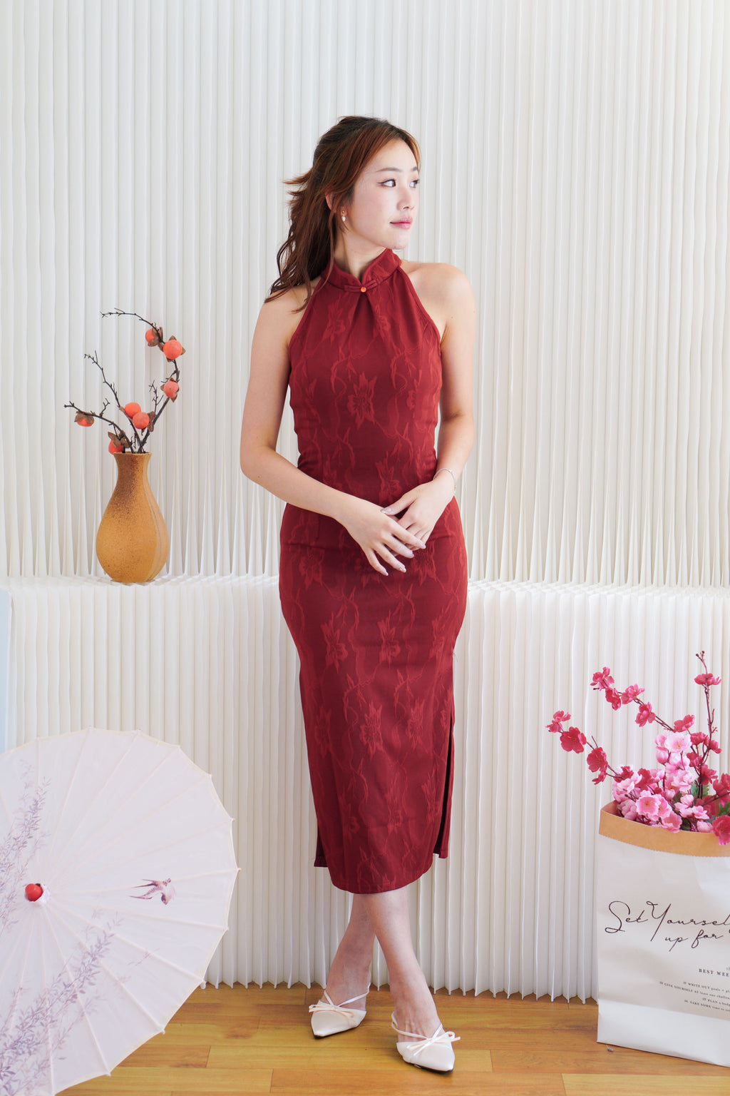 Hong Xi Floral Maxi Bodycon Cheongsam in Red