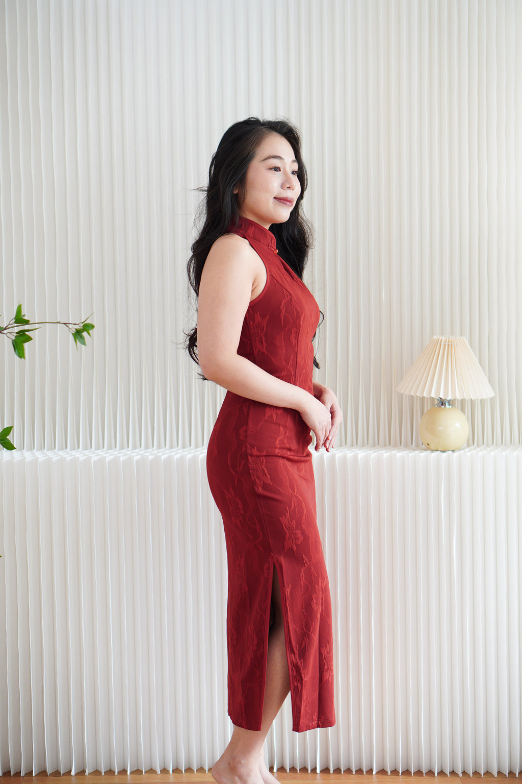 Hong Xi Floral Maxi Bodycon Cheongsam in Red