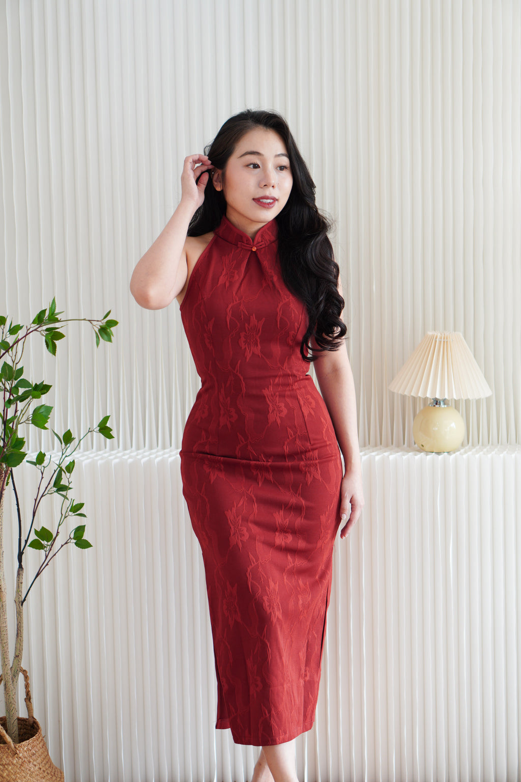 Hong Xi Floral Maxi Bodycon Cheongsam in Red