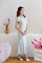 Qing Lan Short Sleeve Layered Cheongsam Maxi Dress in Light Green