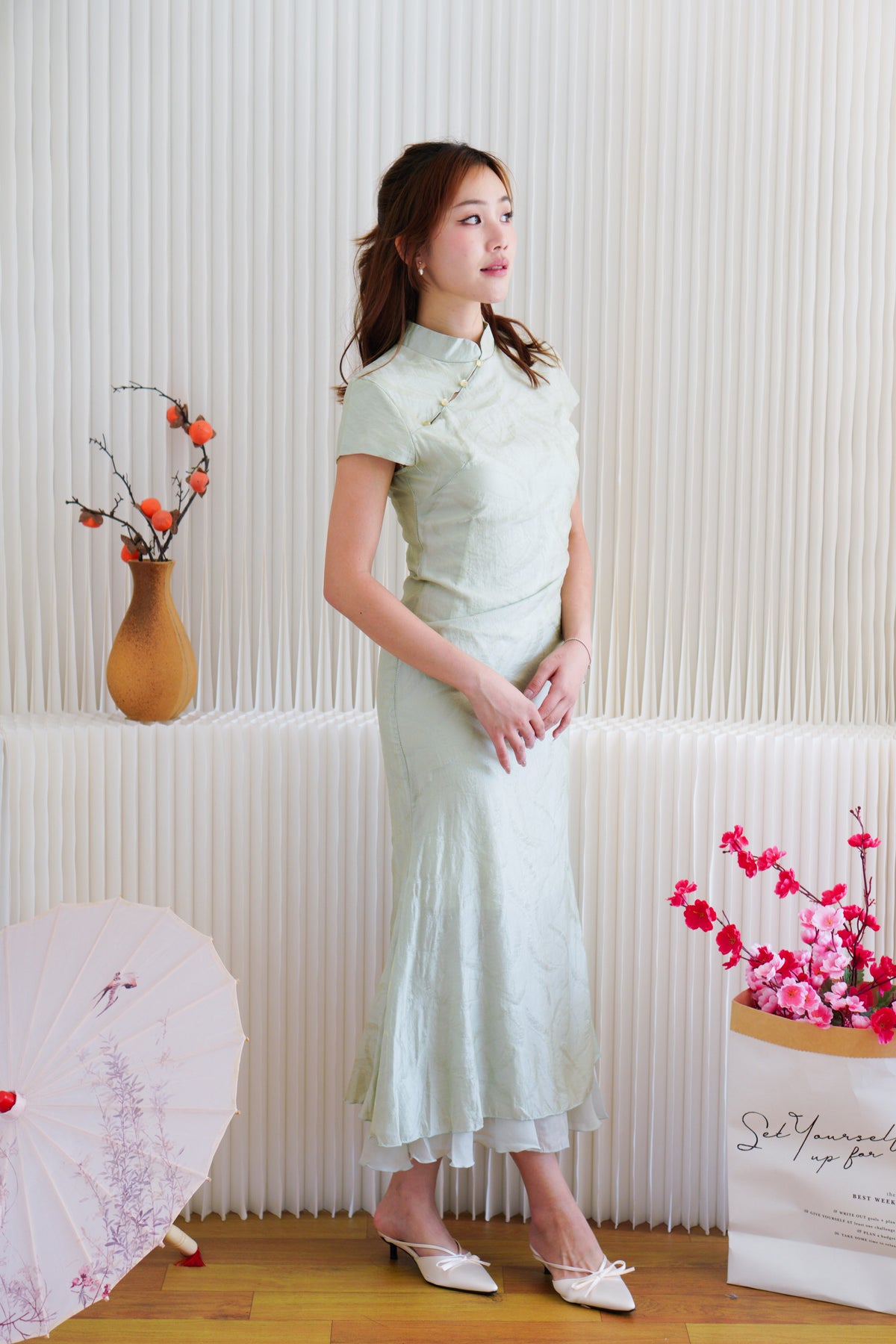 Qing Lan Short Sleeve Layered Cheongsam Maxi Dress in Light Green