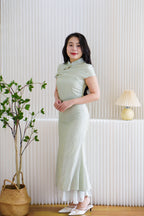 Qing Lan Short Sleeve Layered Cheongsam Maxi Dress in Light Green