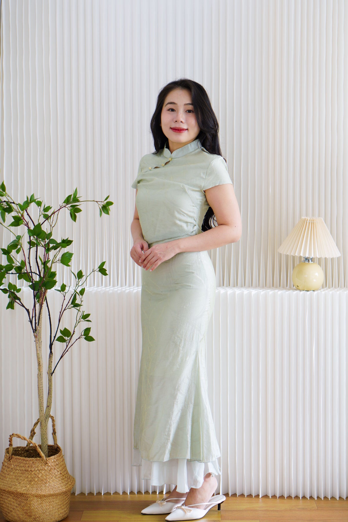 Qing Lan Short Sleeve Layered Cheongsam Maxi Dress in Light Green