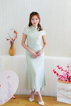 Qing Lan Short Sleeve Layered Cheongsam Maxi Dress in Light Green