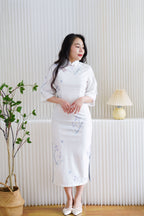 Mian Mid Sleeves Floral Maxi Cheongsam in White