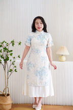 Ming Er Short Sleeve Layered Cheongsam Dress with Pearls in Cream and Blue