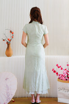 Qing Lan Short Sleeve Layered Cheongsam Maxi Dress in Light Green