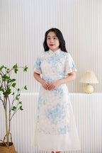 Ming Er Short Sleeve Layered Cheongsam Dress with Pearls in Cream and Blue