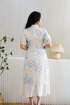 Ming Er Short Sleeve Layered Cheongsam Dress with Pearls in Cream and Blue