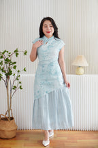 Yue Hua Tie Dye Floral Layered Cheongsam Maxi Dress in Green Blue
