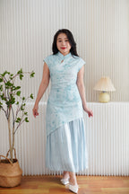 Yue Hua Tie Dye Floral Layered Cheongsam Maxi Dress in Green Blue